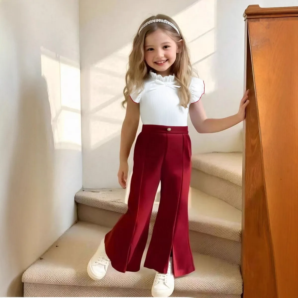 Kids Girls' Fashion Casual Color-Matching Wood-Ear-Edge Flying Sleeve T-Shirt Pants Two-Piece Set