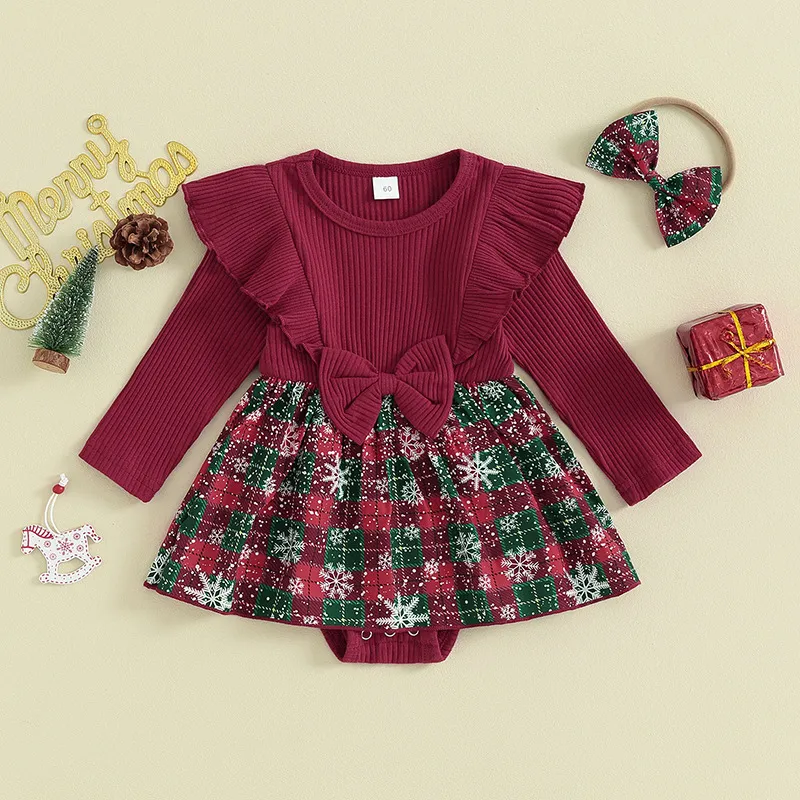Kids Baby Girls Autumn And Winter Christmas Print Pit Ruffled Stitching Plaid Long-Sleeve Rompers