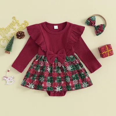 Kids Baby Girls Autumn And Winter Christmas Print Pit Ruffled Stitching Plaid Long-Sleeve Rompers
