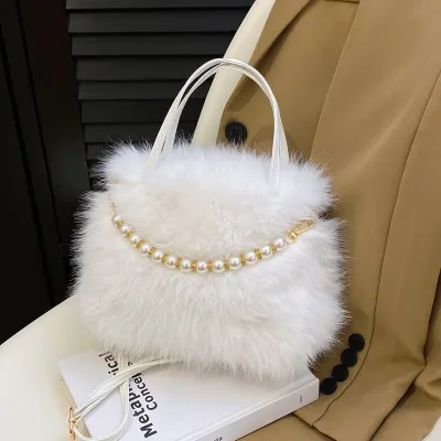 Women Fashion Casual Solid Color Plush Beaded Portable Small Square Handbag