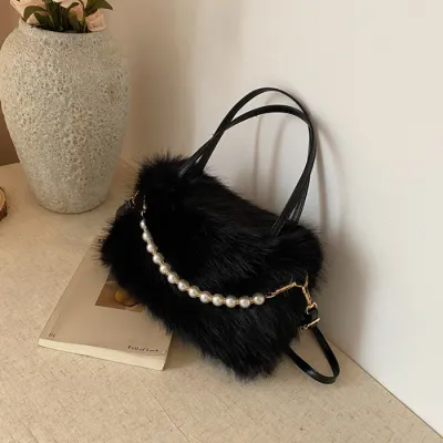 Women Fashion Casual Solid Color Plush Beaded Portable Small Square Handbag