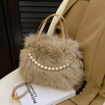 Women Fashion Casual Solid Color Plush Beaded Portable Small Square Handbag