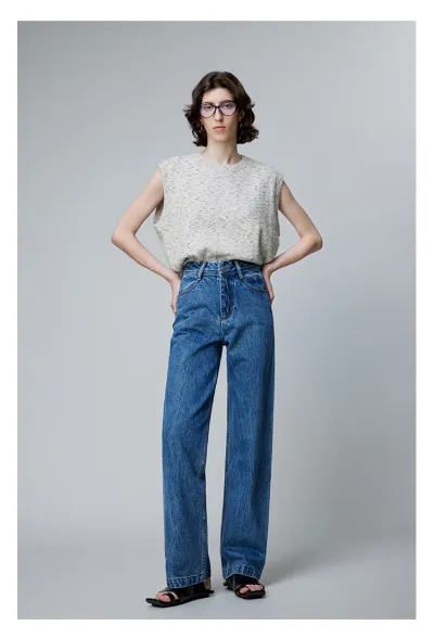 Women Fashion Casual Simple Solid Color Cotton High Waist Straight Jeans