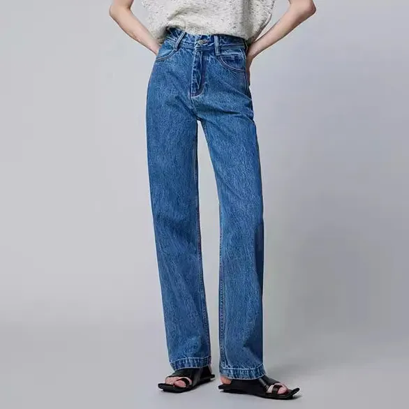 Women Fashion Casual Simple Solid Color Cotton High Waist Straight Jeans