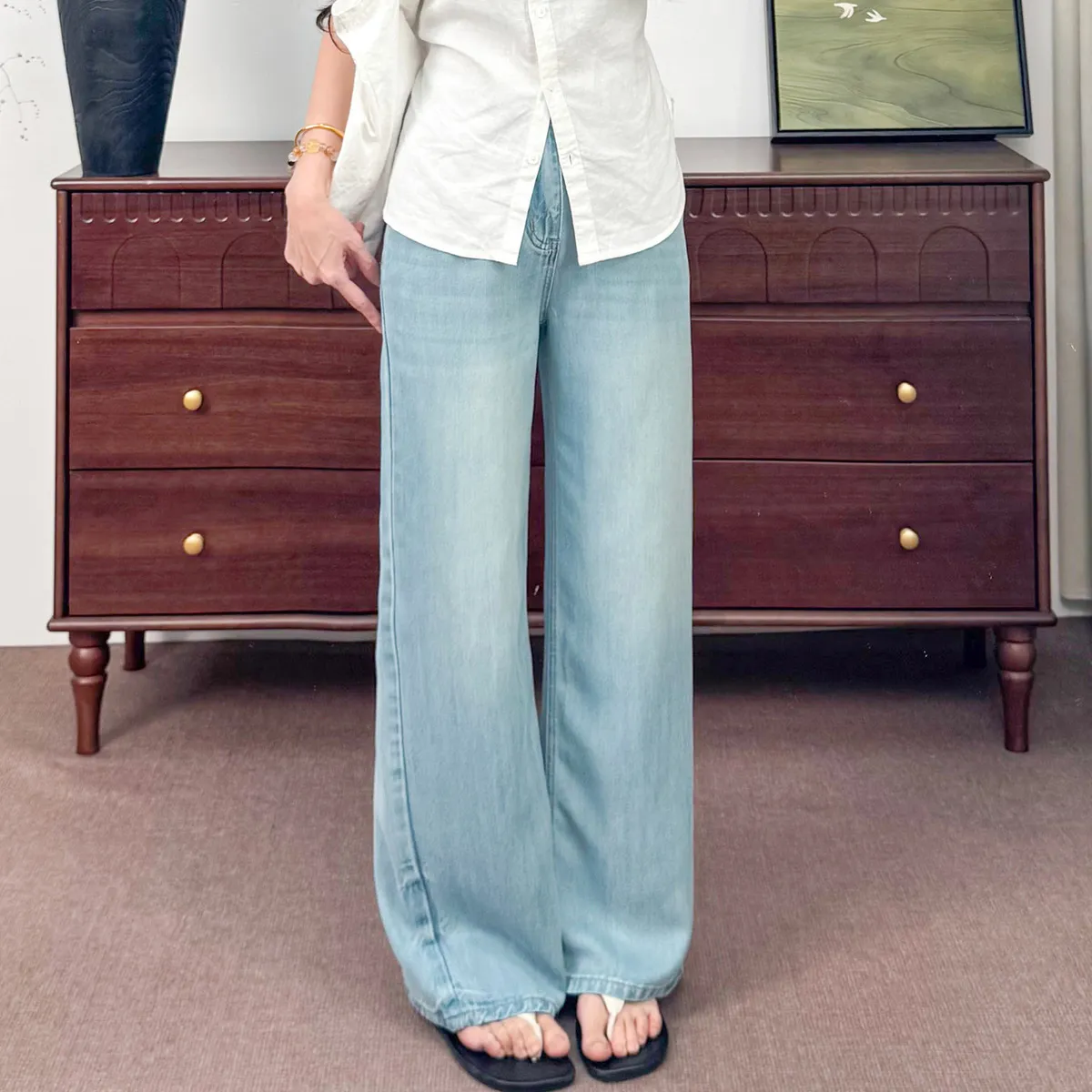 Women Fashion Casual Simple Solid Color Straight Jeans