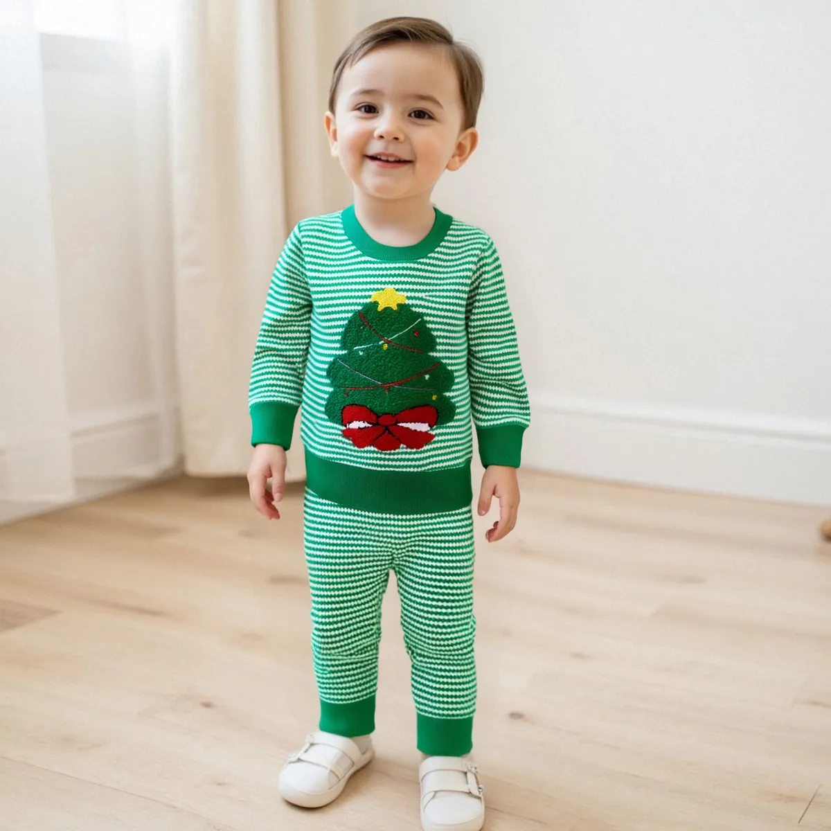 Kids Baby Boys Fashion Casual Christmas Waffle Christmas Tree Embroidery Stripe Sweatshirt Pants Two-Piece Set