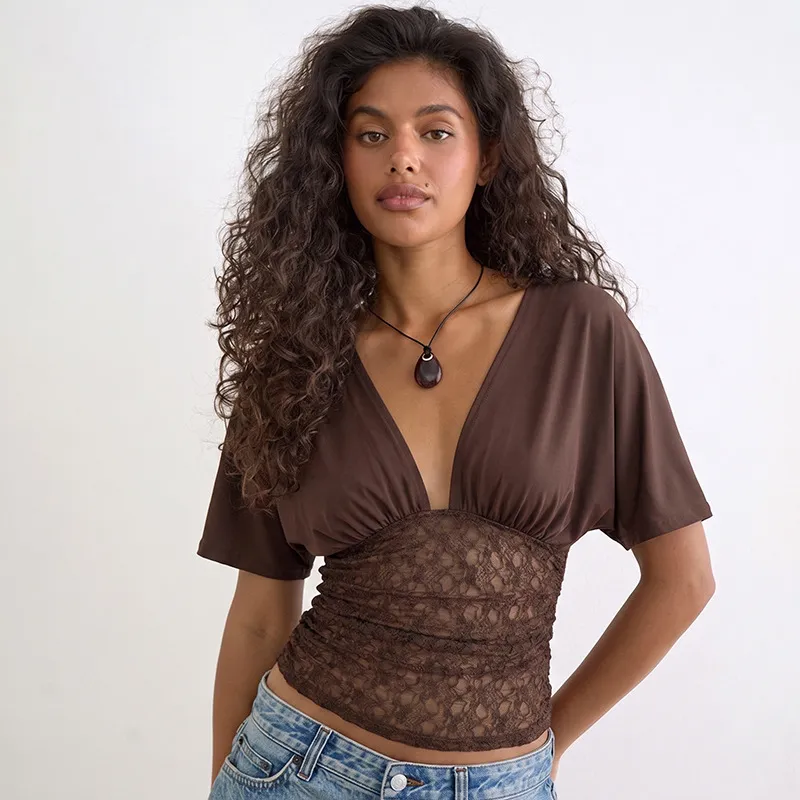 Women Fashion Sexy Spring And Summer Lace Stitching Deep V Bat Sleeve Crop Top