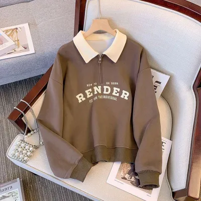 Women Fashion Casual Spring And Autumn Printed Lapel Long Sleeve Thin Sweatshirt