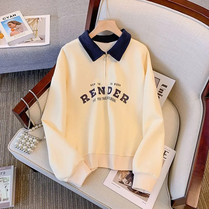 Women Fashion Casual Spring And Autumn Printed Lapel Long Sleeve Thin Sweatshirt
