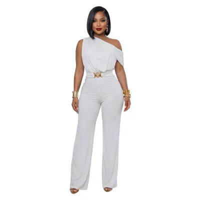 Women Fashion Elegant Solid Color Slant Shoulder Jumpsuits