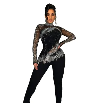 Women Fashion Sexy Solid Color Mesh Rhinestone Long Sleeve Tight Jumpsuits