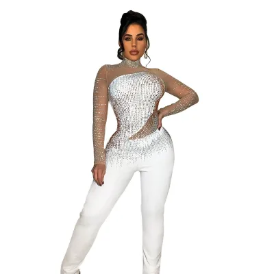 Women Fashion Sexy Solid Color Mesh Rhinestone Long Sleeve Tight Jumpsuits