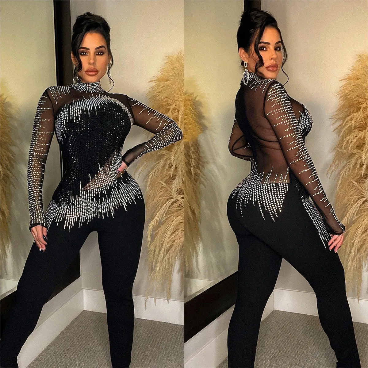 Women Fashion Sexy Solid Color Mesh Rhinestone Long Sleeve Tight Jumpsuits