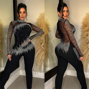 Women Fashion Sexy Solid Color Mesh Rhinestone Long Sleeve Tight Jumpsuits
