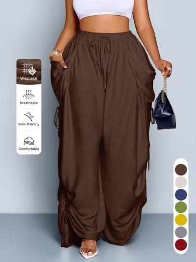 Women Fashion Casual Solid Color Loose Pleated High Waist Wide Leg Pants