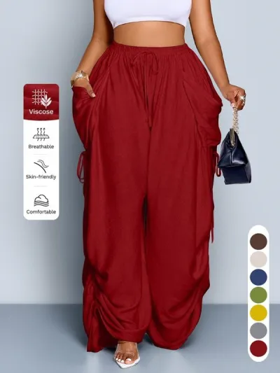 Women Fashion Casual Solid Color Loose Pleated High Waist Wide Leg Pants