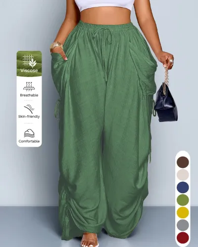 Women Fashion Casual Solid Color Loose Pleated High Waist Wide Leg Pants