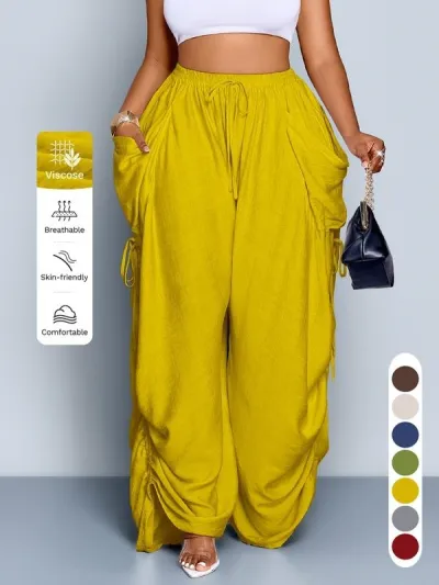 Women Fashion Casual Solid Color Loose Pleated High Waist Wide Leg Pants