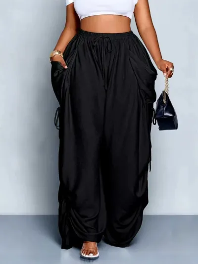 Women Fashion Casual Solid Color Loose Pleated High Waist Wide Leg Pants