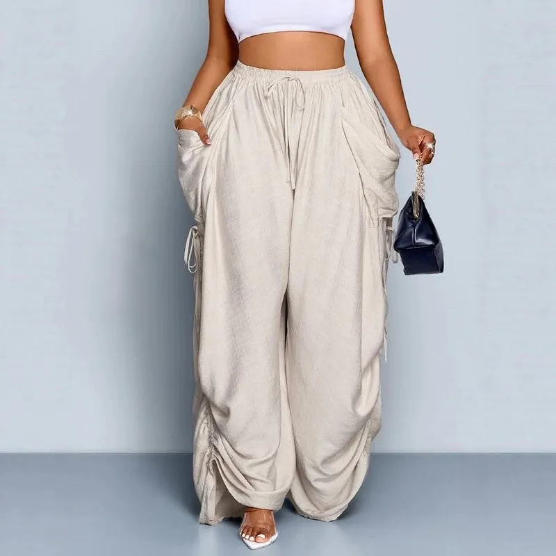 Women Fashion Casual Solid Color Loose Pleated High Waist Wide Leg Pants