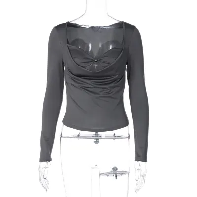 Women Fashion Summer Solid Color Fake Two-Piece Long-Sleeve Slim T-Shirt