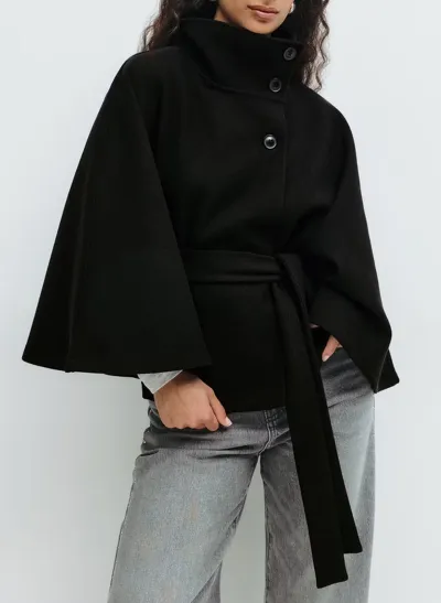 Women Fashion Casual Autumn And Winter Solid Color Poncho Collar Button Long-Sleeve Coat