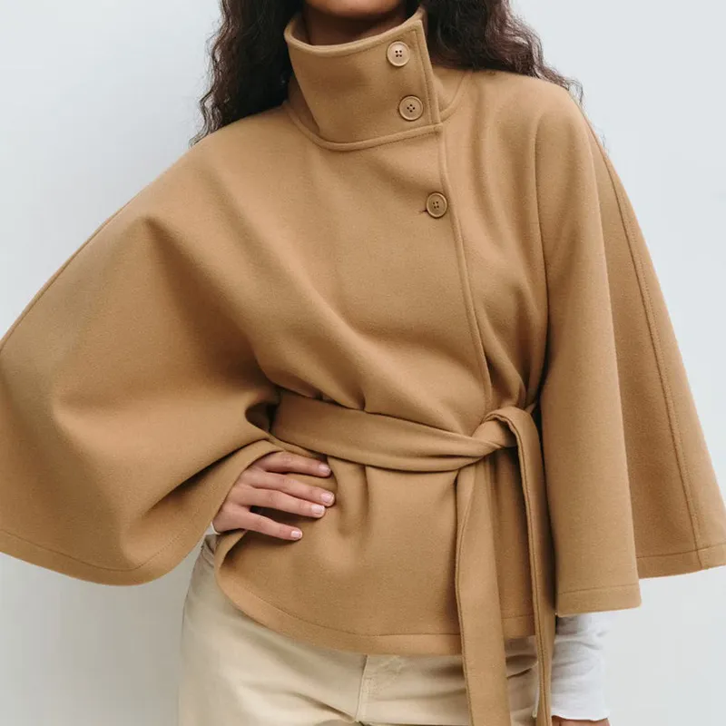 Women Fashion Casual Autumn And Winter Solid Color Poncho Collar Button Long-Sleeve Coat