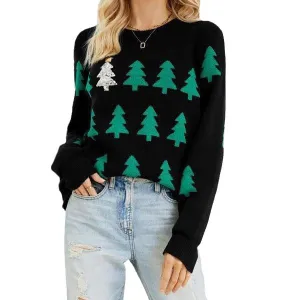 Christmas Women Fashion Casual Tree Jacquard Long-Sleeve Knitted Sweater