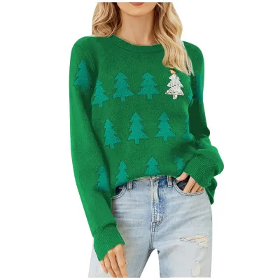 Christmas Women Fashion Casual Tree Jacquard Long-Sleeve Knitted Sweater