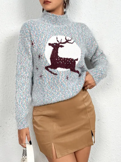 Christmas Women Fashion Causal Jacquard Half High Collar Long Sleeve Knitted Sweater