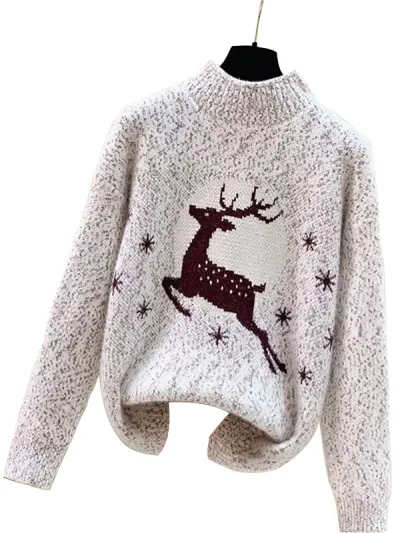 Christmas Women Fashion Causal Jacquard Half High Collar Long Sleeve Knitted Sweater