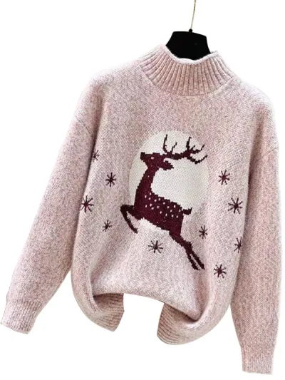 Christmas Women Fashion Causal Jacquard Half High Collar Long Sleeve Knitted Sweater