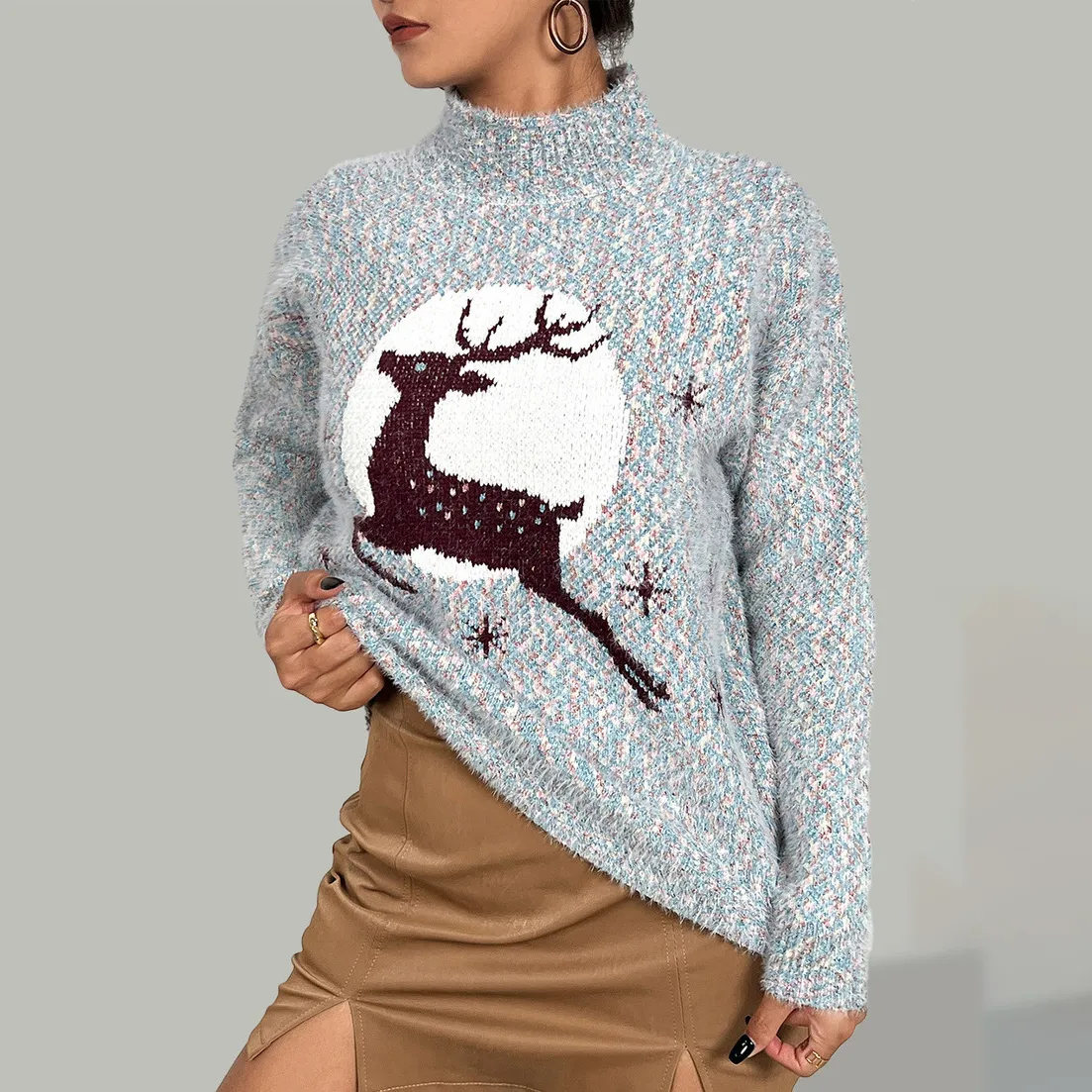 Christmas Women Fashion Causal Jacquard Half High Collar Long Sleeve Knitted Sweater