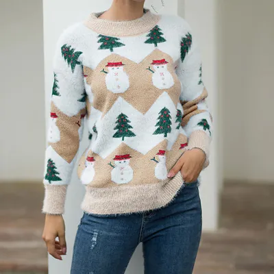 Christmas Women Fashion Casual Autumn And Winter Round Neck Long-Sleeve Knitted Sweater