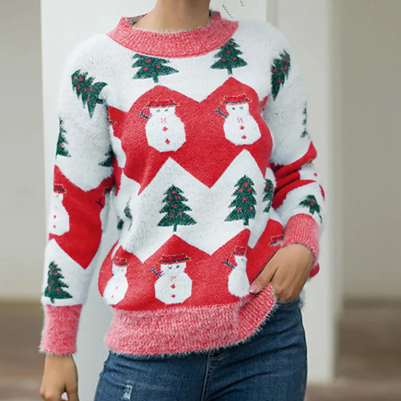 Christmas Women Fashion Casual Autumn And Winter Round Neck Long-Sleeve Knitted Sweater