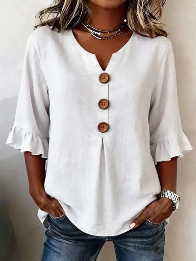 Women Fashion Casual Summer Solid Color Linen Cotton V-Neck Short-Sleeve Button Blouse
