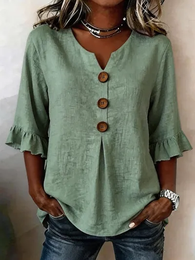 Women Fashion Casual Summer Solid Color Linen Cotton V-Neck Short-Sleeve Button Blouse