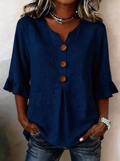 Women Fashion Casual Summer Solid Color Linen Cotton V-Neck Short-Sleeve Button Blouse
