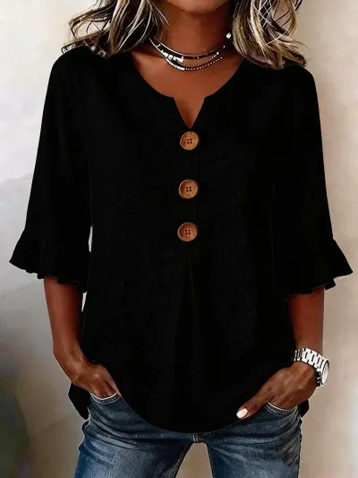 Women Fashion Casual Summer Solid Color Linen Cotton V-Neck Short-Sleeve Button Blouse