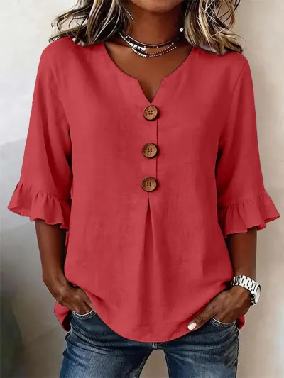 Women Fashion Casual Summer Solid Color Linen Cotton V-Neck Short-Sleeve Button Blouse