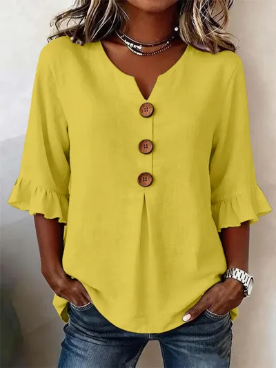 Women Fashion Casual Summer Solid Color Linen Cotton V-Neck Short-Sleeve Button Blouse