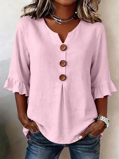 Women Fashion Casual Summer Solid Color Linen Cotton V-Neck Short-Sleeve Button Blouse