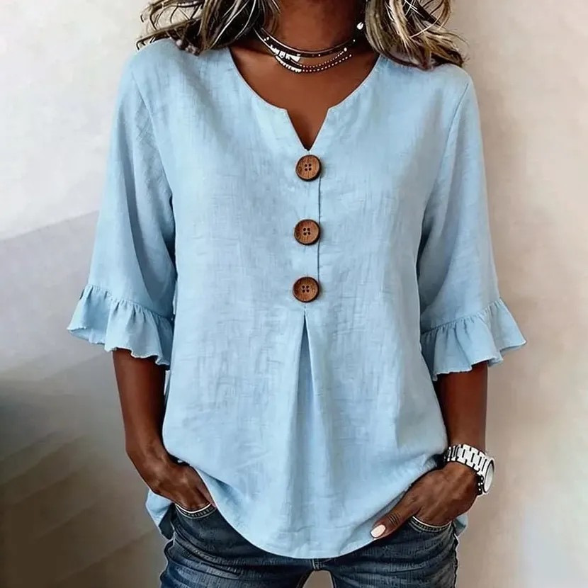 Women Fashion Casual Summer Solid Color Linen Cotton V-Neck Short-Sleeve Button Blouse