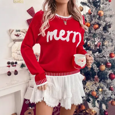 Christmas Women Fashion Long Sleeve Loose Knitted Sweater