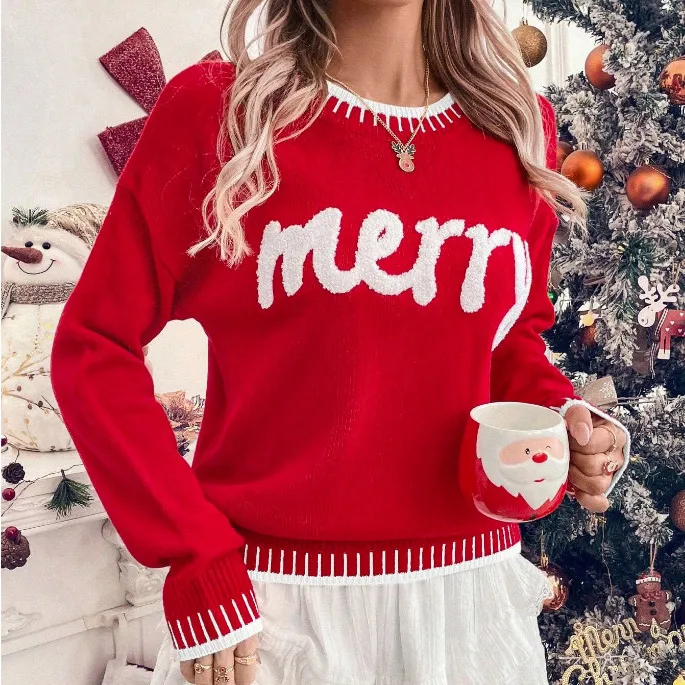 Christmas Women Fashion Long Sleeve Loose Knitted Sweater