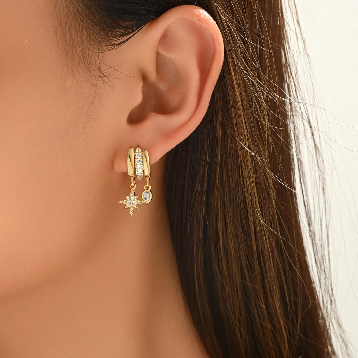 Women Fashion Geometric Six-Pointed Star Design Inlaid Zircon Earrings