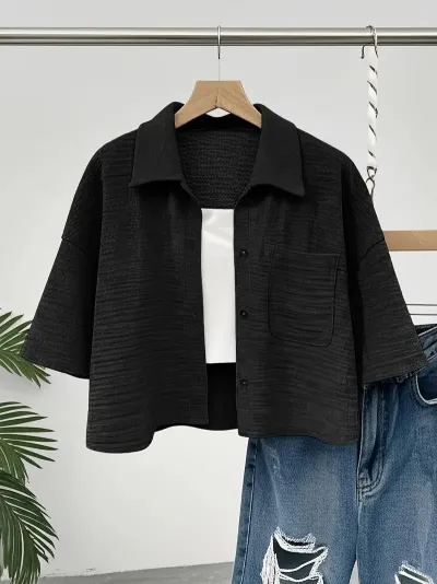 Women Fashion Casual Summer Solid Color Button Pocket Lapel Mid-Sleeve Blouse