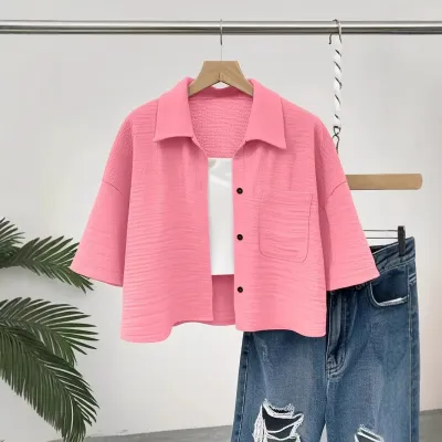 Women Fashion Casual Summer Solid Color Button Pocket Lapel Mid-Sleeve Blouse