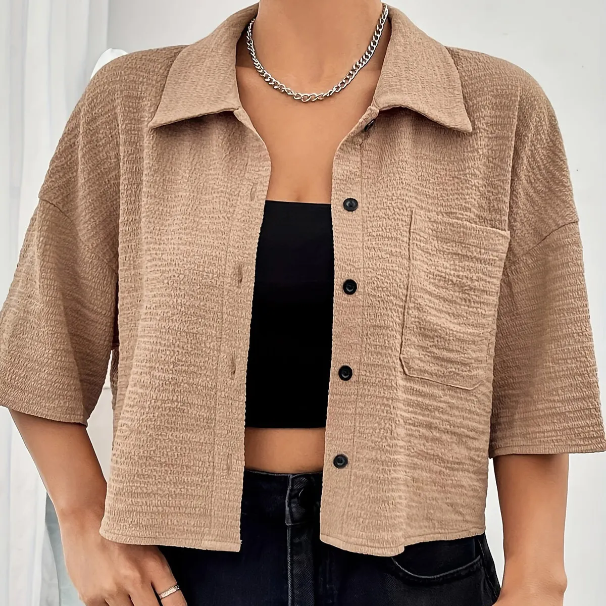 Women Fashion Casual Summer Solid Color Button Pocket Lapel Mid-Sleeve Blouse