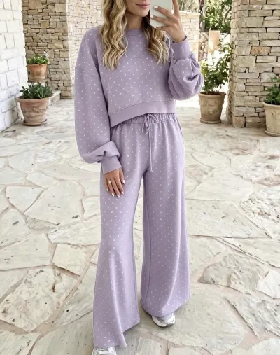 Women Fashion Casual Autumn And Winter Polka Dot Print Long-Sleeve Sweatshirt High Waist Wide Leg Pants Two-Piece Set